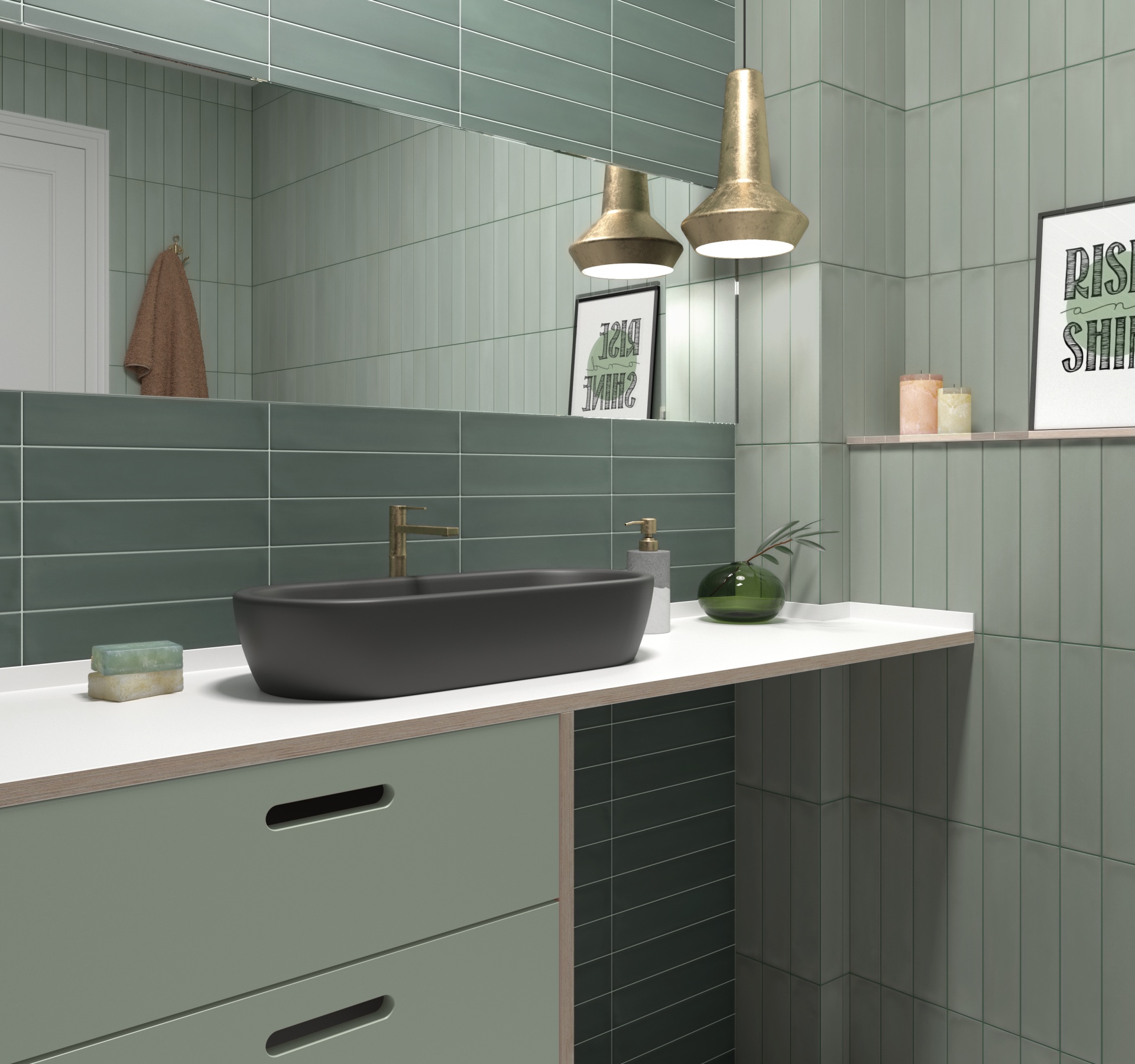 Zellige vert nuances de jade sans motifs sur une salle de bain ton sur ton avec vasque noire, meuble vert, éclairage cuivre, accessoires déco
