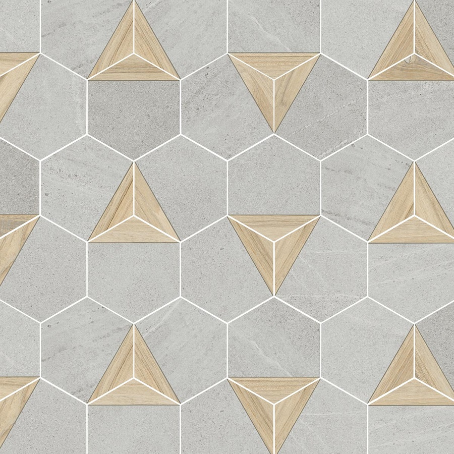 Carrelage hexagonal tomette effet pierre bois 23x26.6cm HEXAGONO LIGARD Gris- 0.504m² - 2