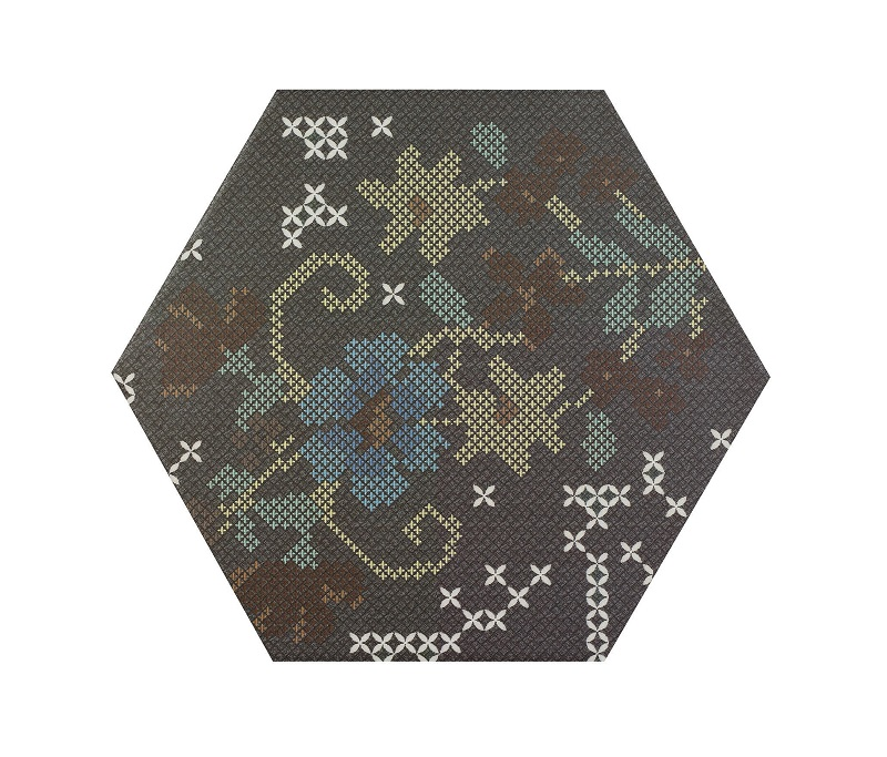 Carrelage hexagonal décoré style rétro PUNTO CROCE BLACK DECOR 25x30 cm - R10 - 0.935m²