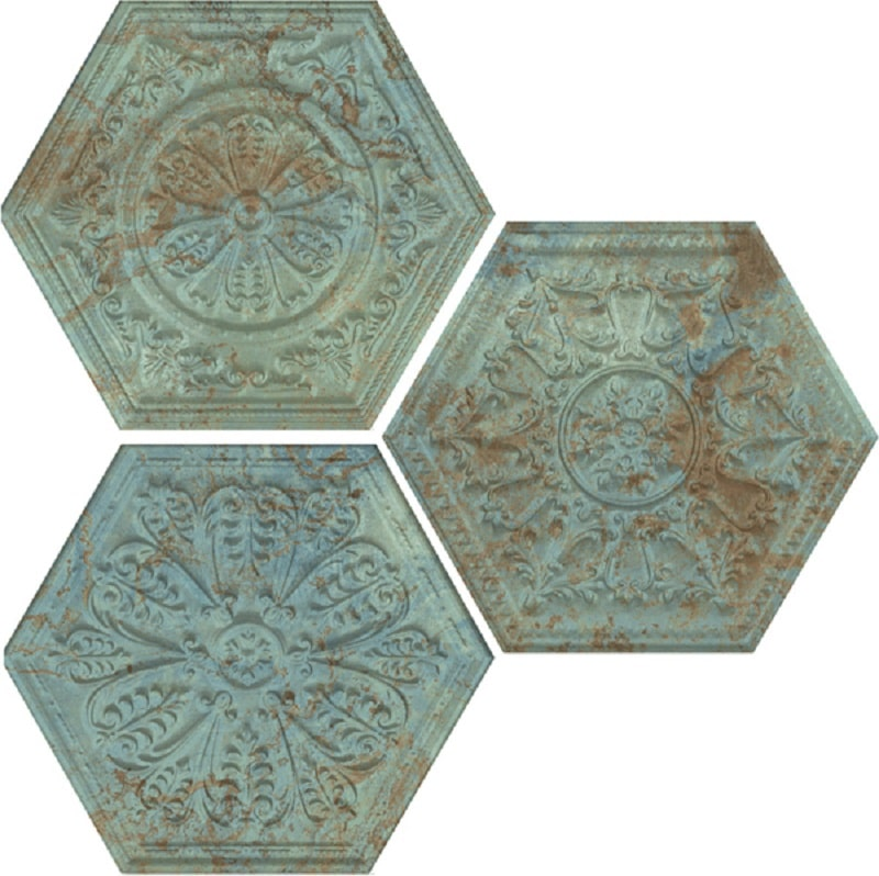 Carrelage hexagonal aspect métal décoré ZINC GREEN MIX DECOR 25x30 cm - 0.935m²