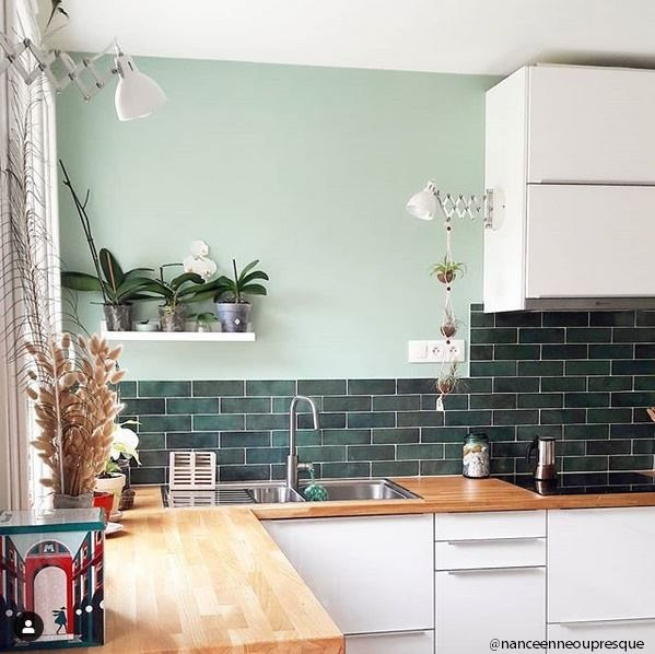 Zellige vert émeraude uni 6,5X20 dans une cuisine tons bois blancs avec étagères et plantes