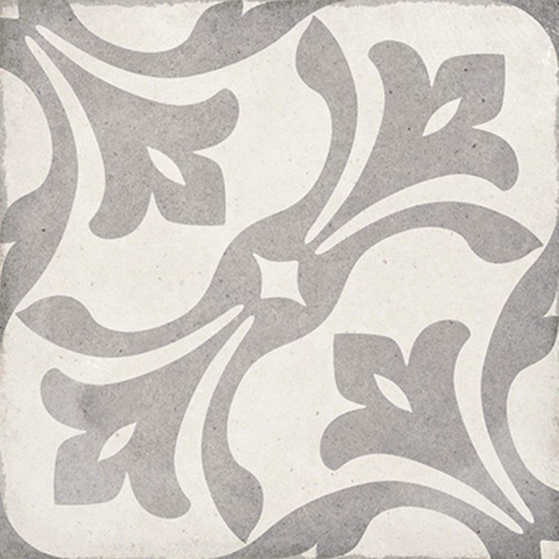 Carreau de ciment gris avec motifs floraux en nuances de gris, taille 20x20 cm