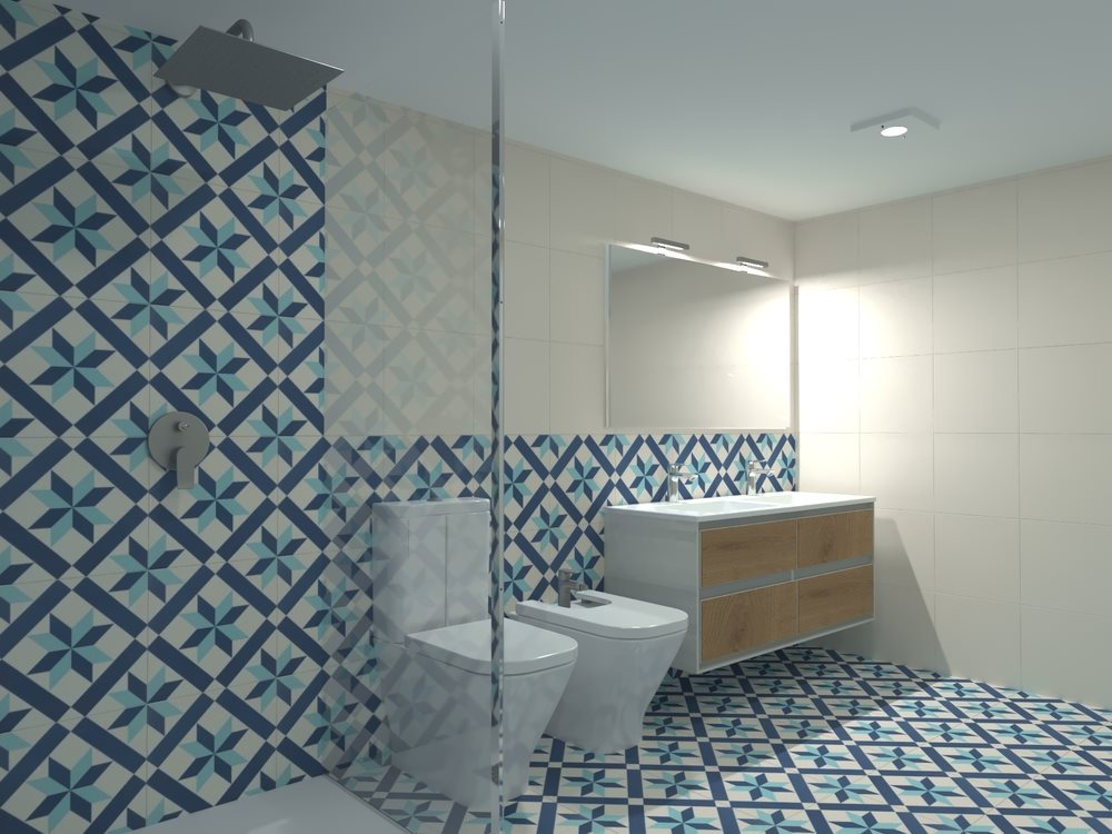 Carreau de ciment bleu géométrique blanc beige 30x30 cm dans une salle de bain aux murs blancs avec meuble bois et sanitaires blancs