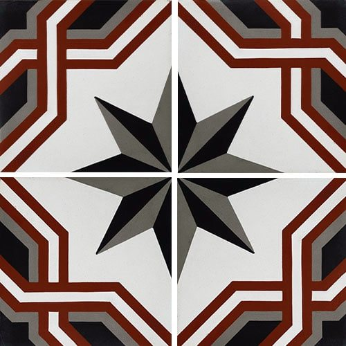 Carreau de ciment décor étoile noire liseret rouge 20x20 cm ref1210-1 - 0.48m² - zoom