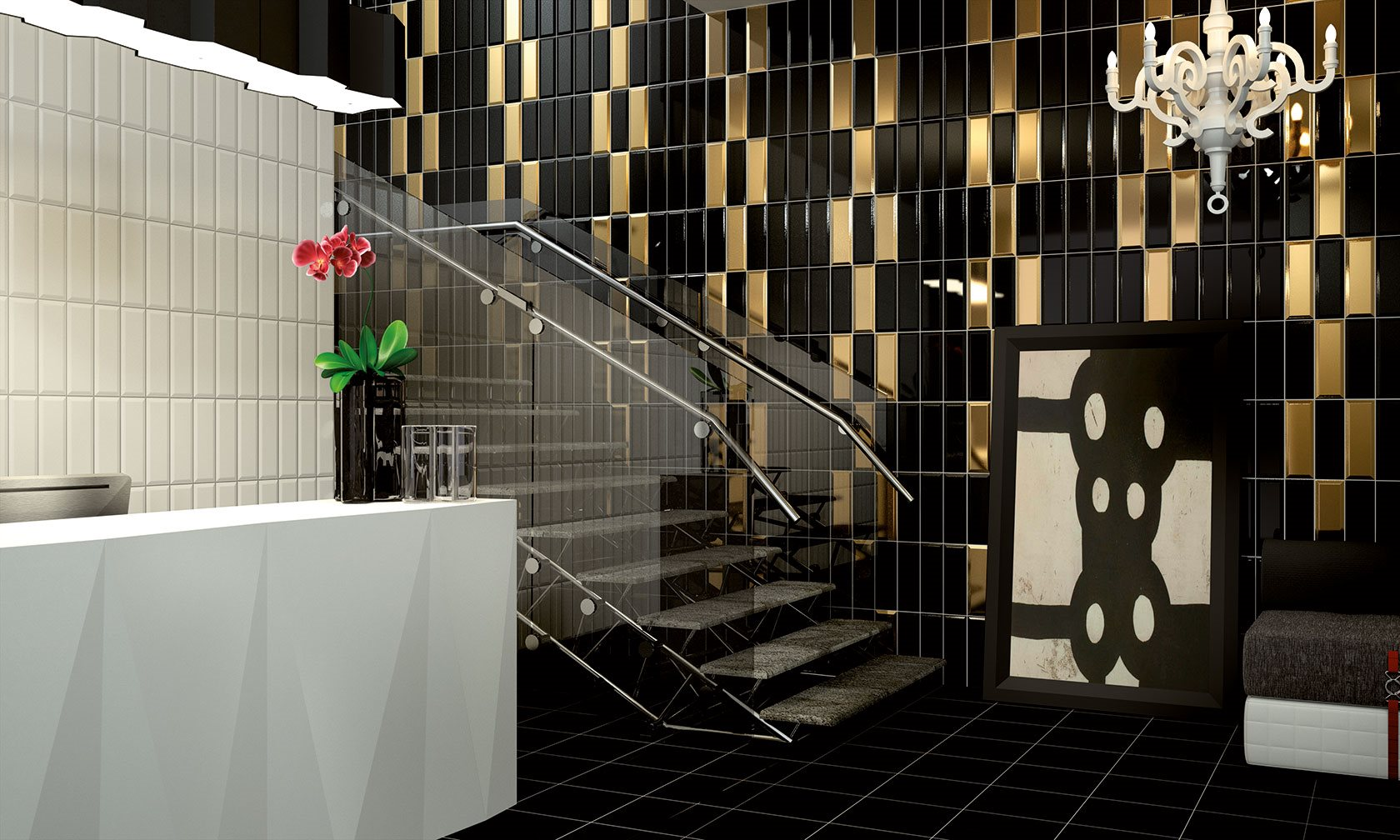 Carrelage noir uni 10x30 cm sur un escalier intérieur avec revêtements muraux dorés et blancs, détails décoratifs modernes