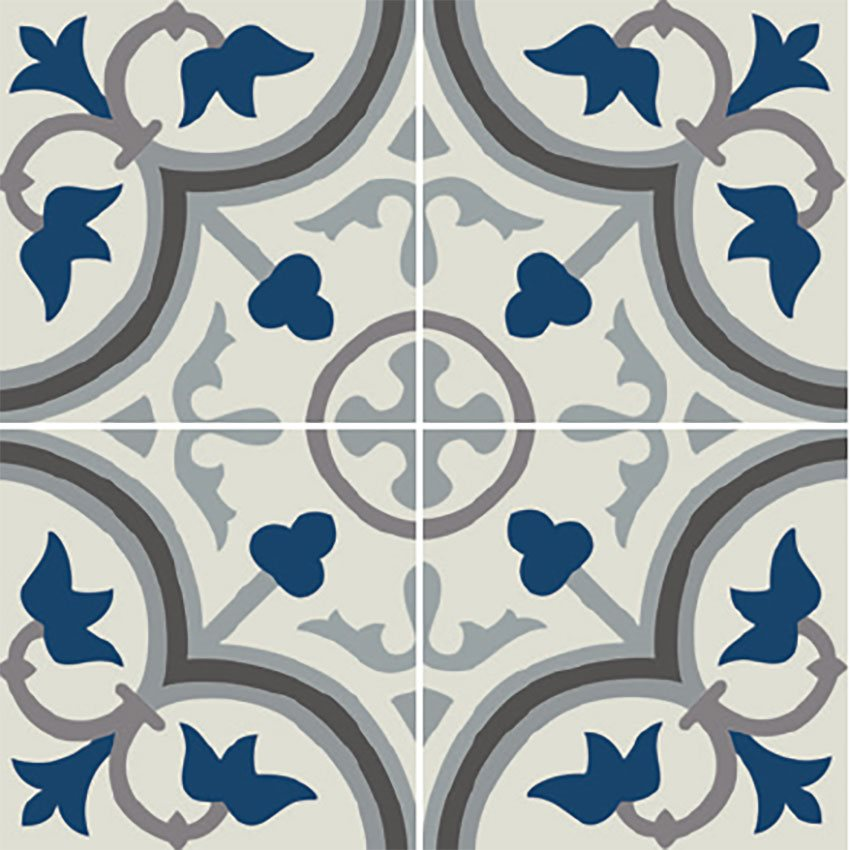 Carreau de ciment bleu avec décorations florales et géométriques, nuances de gris, taille 20x20 cm
