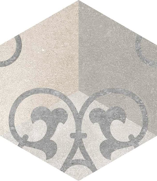 Carrelage hexagonal tomette vieillie décor arabesque 23x26.6cm KUNASHIR - 0.504m² - zoom