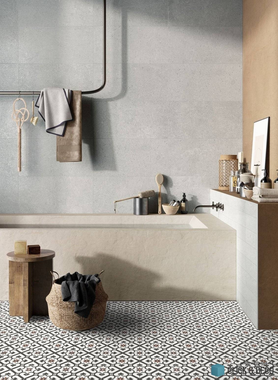Carreau de ciment rouge et blanc motifs géométriques dans une salle de bain tons beige et gris avec baignoire accessoires en bois et métal