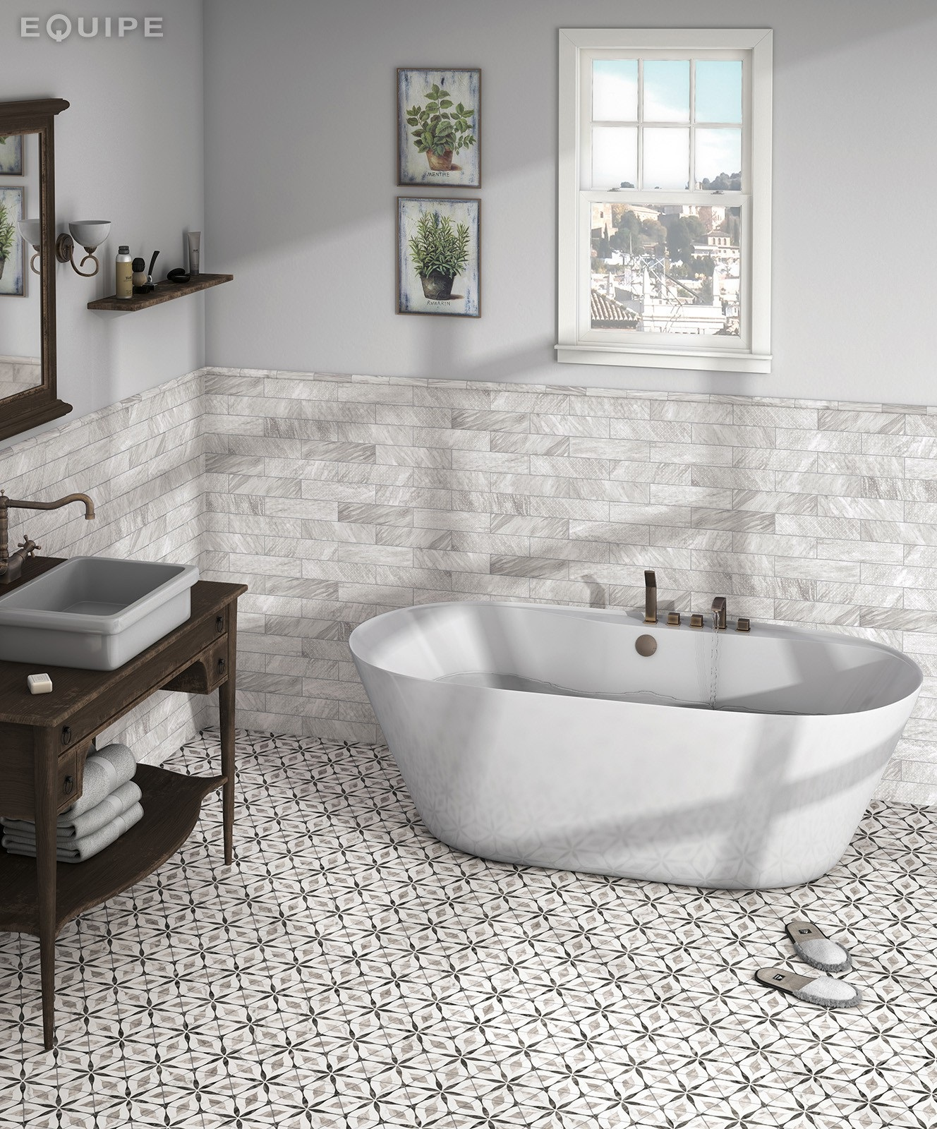 Carreau de ciment gris avec motifs géométriques dans une salle de bain épurée aux murs blancs et détails en bois