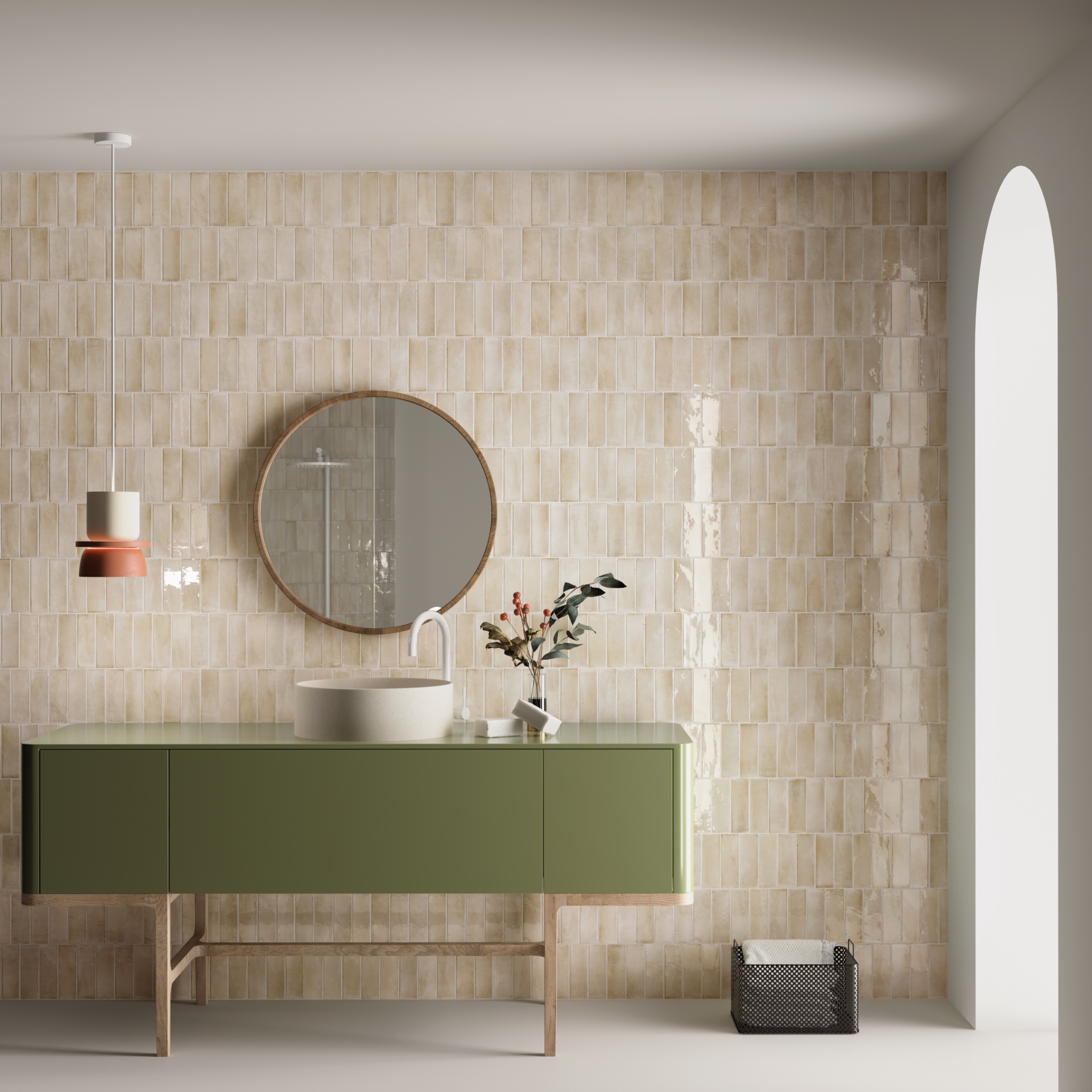 Carrelage Zellige beige tonalités claires 5X15 dans une salle de bain épurée murs blancs meuble vert olive vasque blanche miroir rond