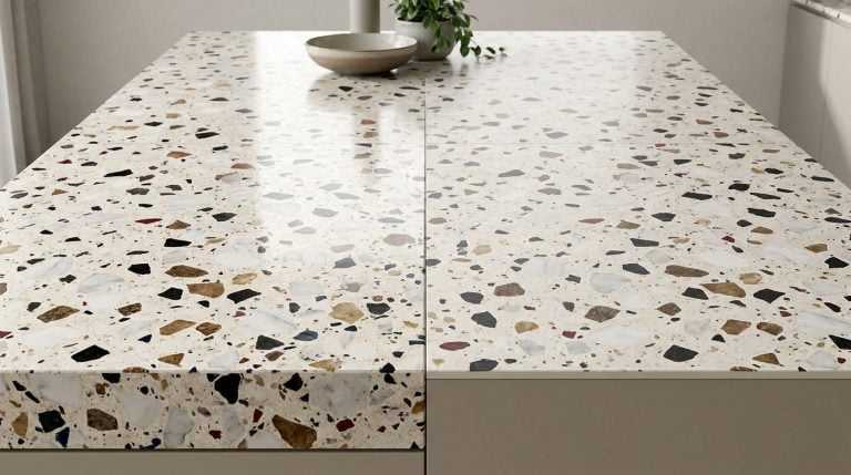 Plan de travail en terrazzo blanc avec des éclats de pierres colorées dans une cuisine moderne et minimaliste.