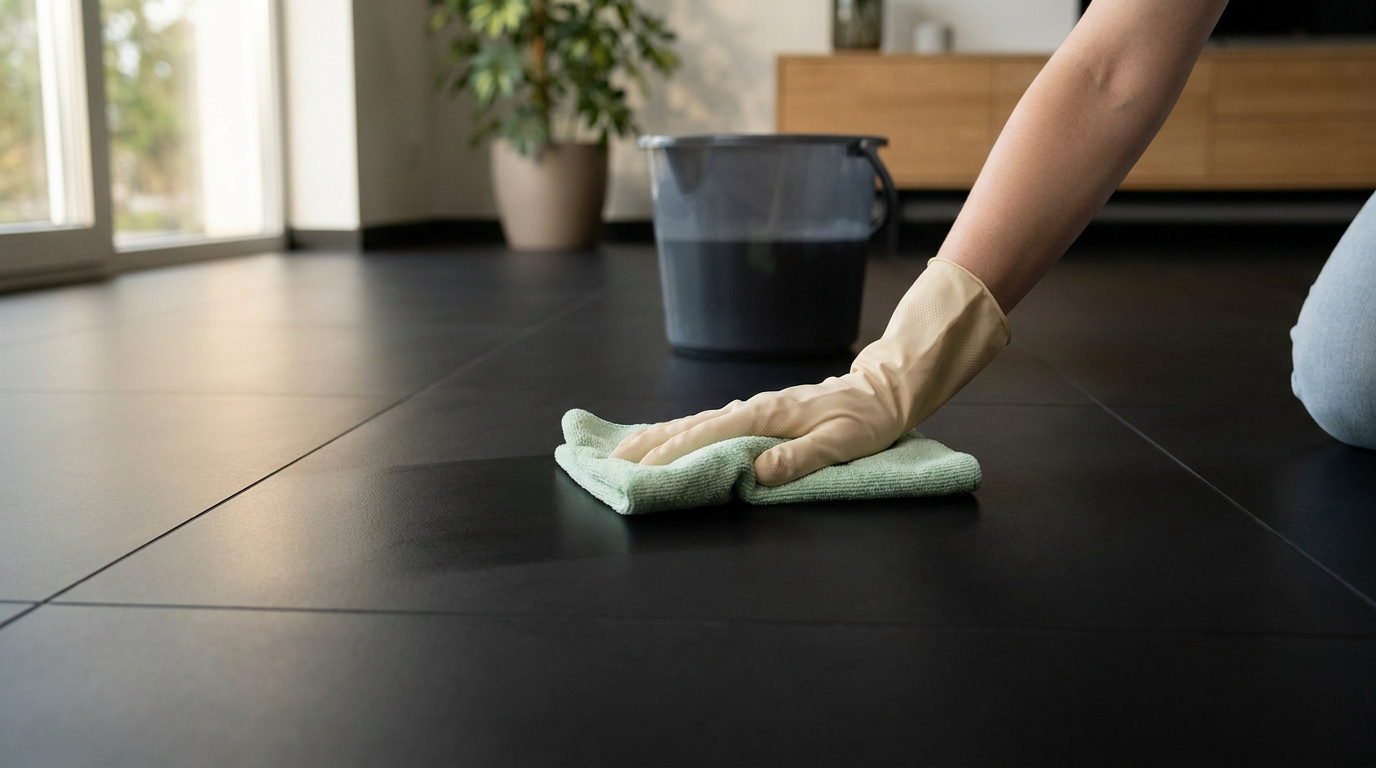 Une main gantée nettoie un carrelage noir mat avec un chiffon vert, avec un seau en arrière-plan.