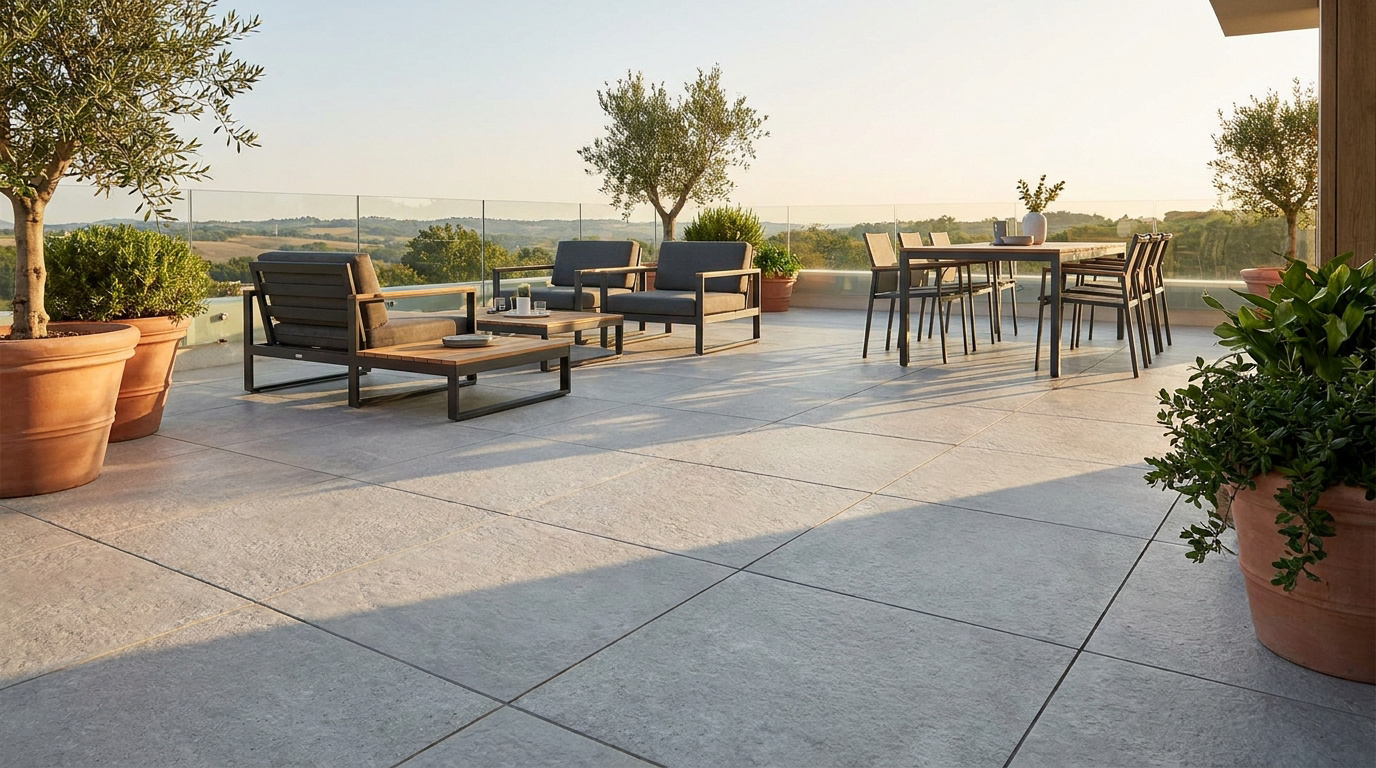 Terrasse élégante avec dalles de 2cm, salon de jardin et vue panoramique au coucher du soleil.
