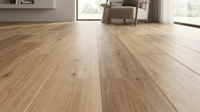Gros plan sur un sol en carrelage aspect bois avec des joints discrets dans un salon moderne.