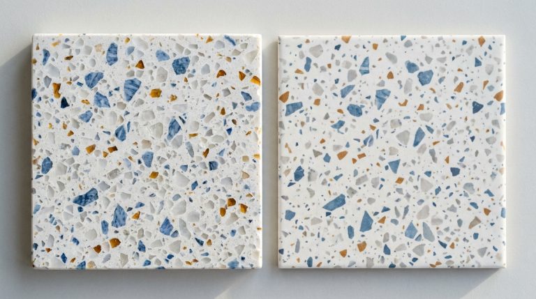 Deux carreaux de carrelage effet terrazzo avec des éclats bleus et ocres sur un fond blanc, posés côte à côte.