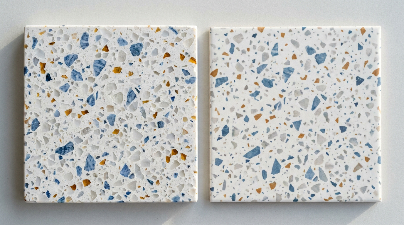 Deux carreaux de carrelage effet terrazzo avec des éclats bleus et ocres sur un fond blanc, posés côte à côte.