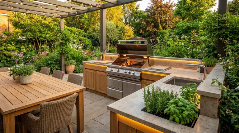 Une cuisine d'été équipée en extérieur avec barbecue, plan de travail en pierre et table en teck sous une pergola.