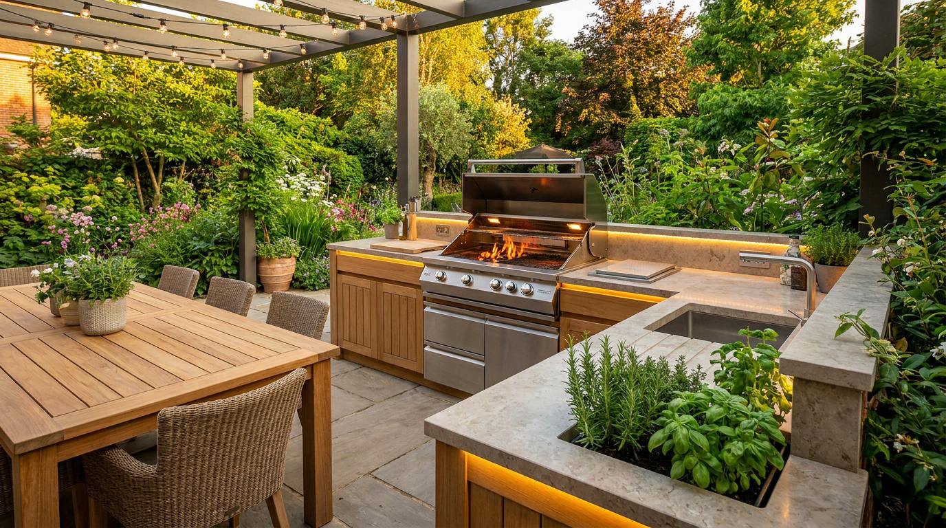 Une cuisine d'été équipée en extérieur avec barbecue, plan de travail en pierre et table en teck sous une pergola.