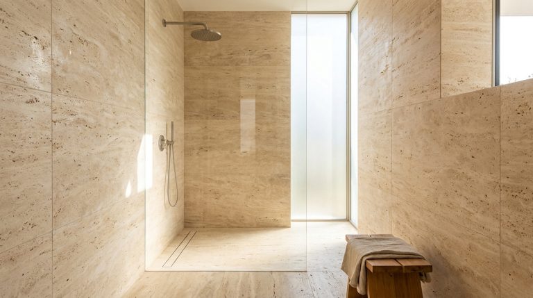 Douche à l'italienne moderne revêtue de carreaux en travertin beige clair avec une paroi vitrée et un banc en bois.