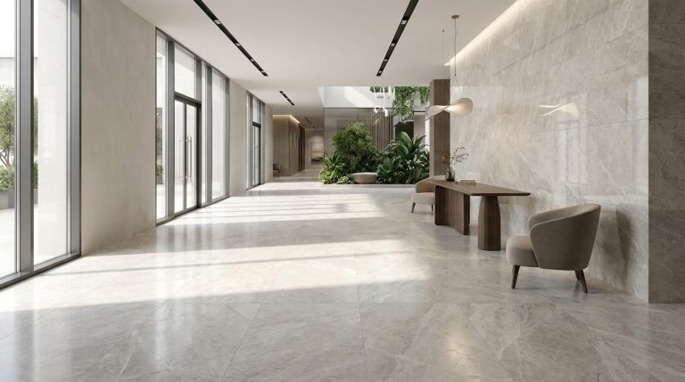 Hall d'hôtel luxueux avec sol et murs en carrelage grand format effet pierre et mobilier design.