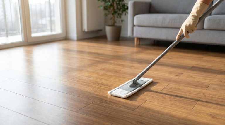 Une personne utilisant une serpillière plate pour nettoyer un sol en carrelage aspect bois dans un salon lumineux.