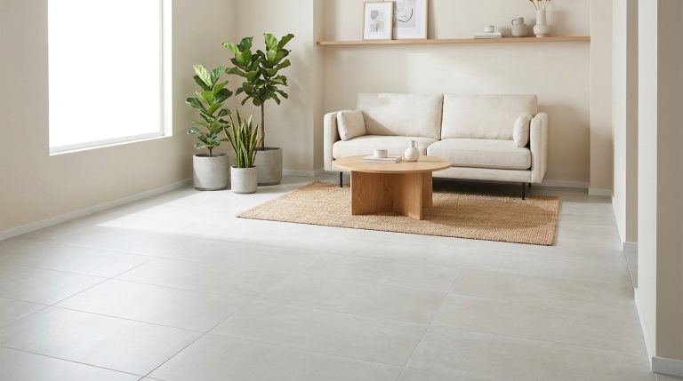 Salon lumineux avec un carrelage gris grand format, un canapé beige et des plantes d'intérieur.