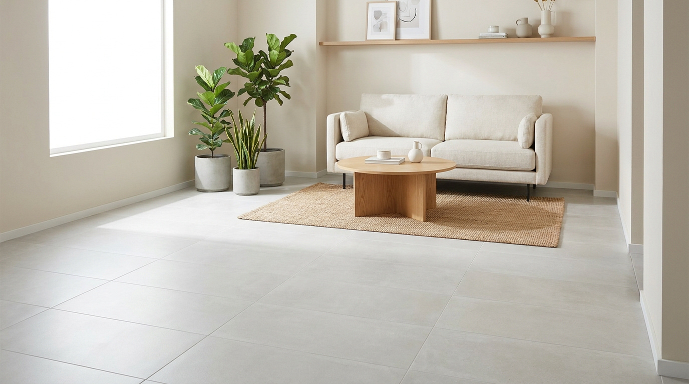 Salon lumineux avec un carrelage gris grand format, un canapé beige et des plantes d'intérieur.