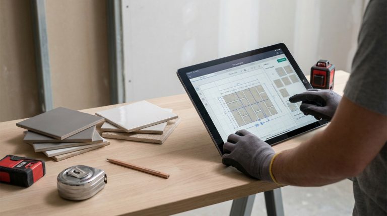 Ouvrier utilisant une tablette pour concevoir un plan de calepinage de carrelage sur un établi avec des outils.