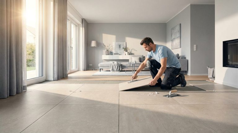 Un artisan carreleur pose un grand carreau de carrelage 120x120 dans un salon moderne et lumineux.