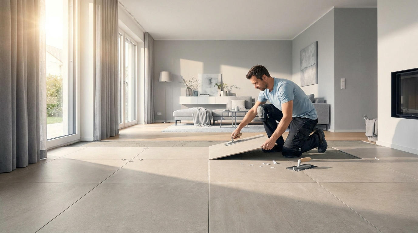 Un artisan carreleur pose un grand carreau de carrelage 120x120 dans un salon moderne et lumineux.