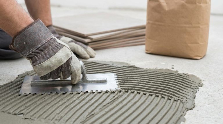 Un artisan en gants de protection étale de la colle à carrelage sur le sol à l'aide d'une taloche crantée.