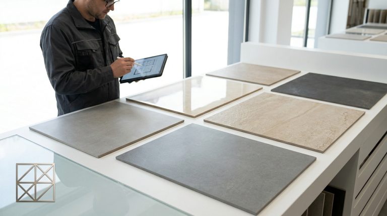 Un professionnel examine des échantillons de carrelage sur une table avec une tablette tactile dans un showroom.