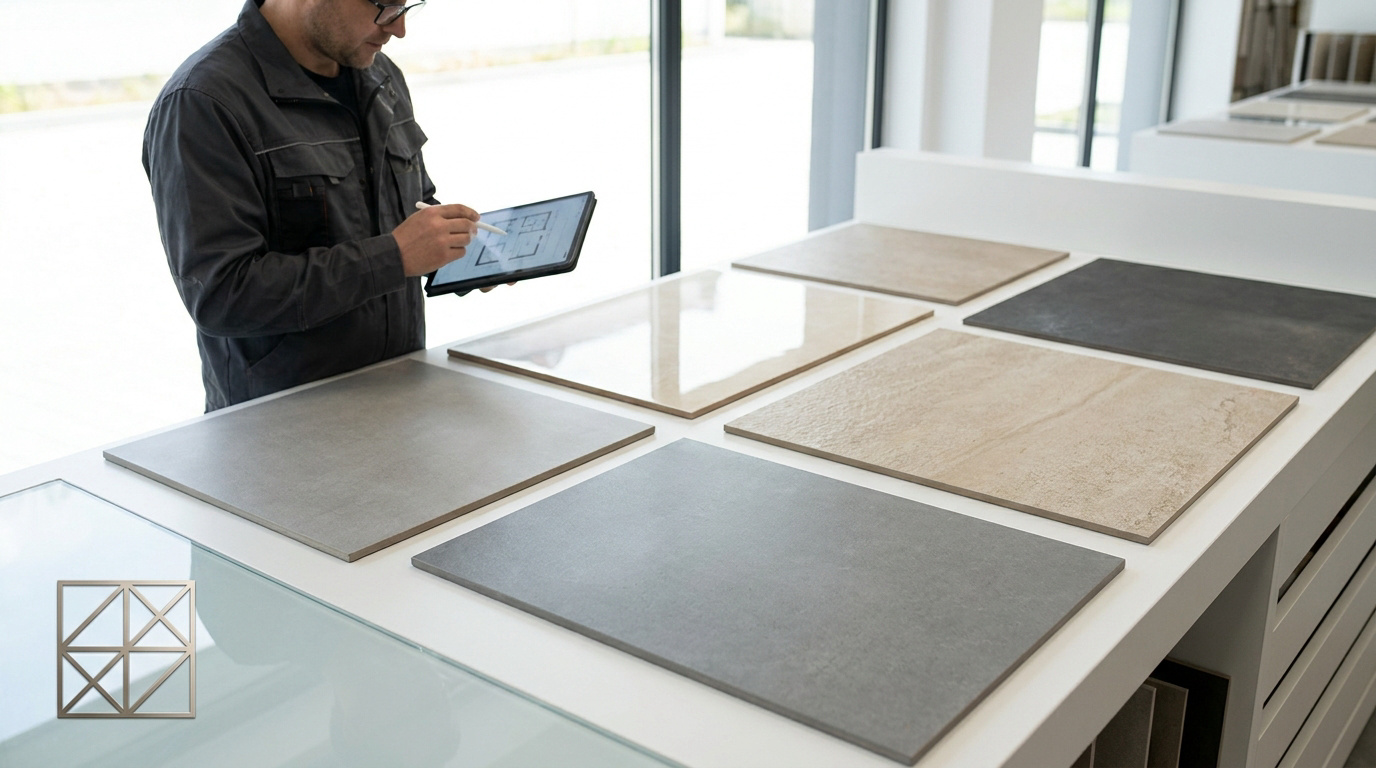 Un professionnel examine des échantillons de carrelage sur une table avec une tablette tactile dans un showroom.
