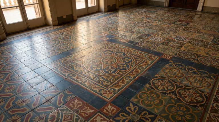 Sol intérieur recouvert de carreaux de ciment ornés de motifs géométriques et floraux complexes et colorés.