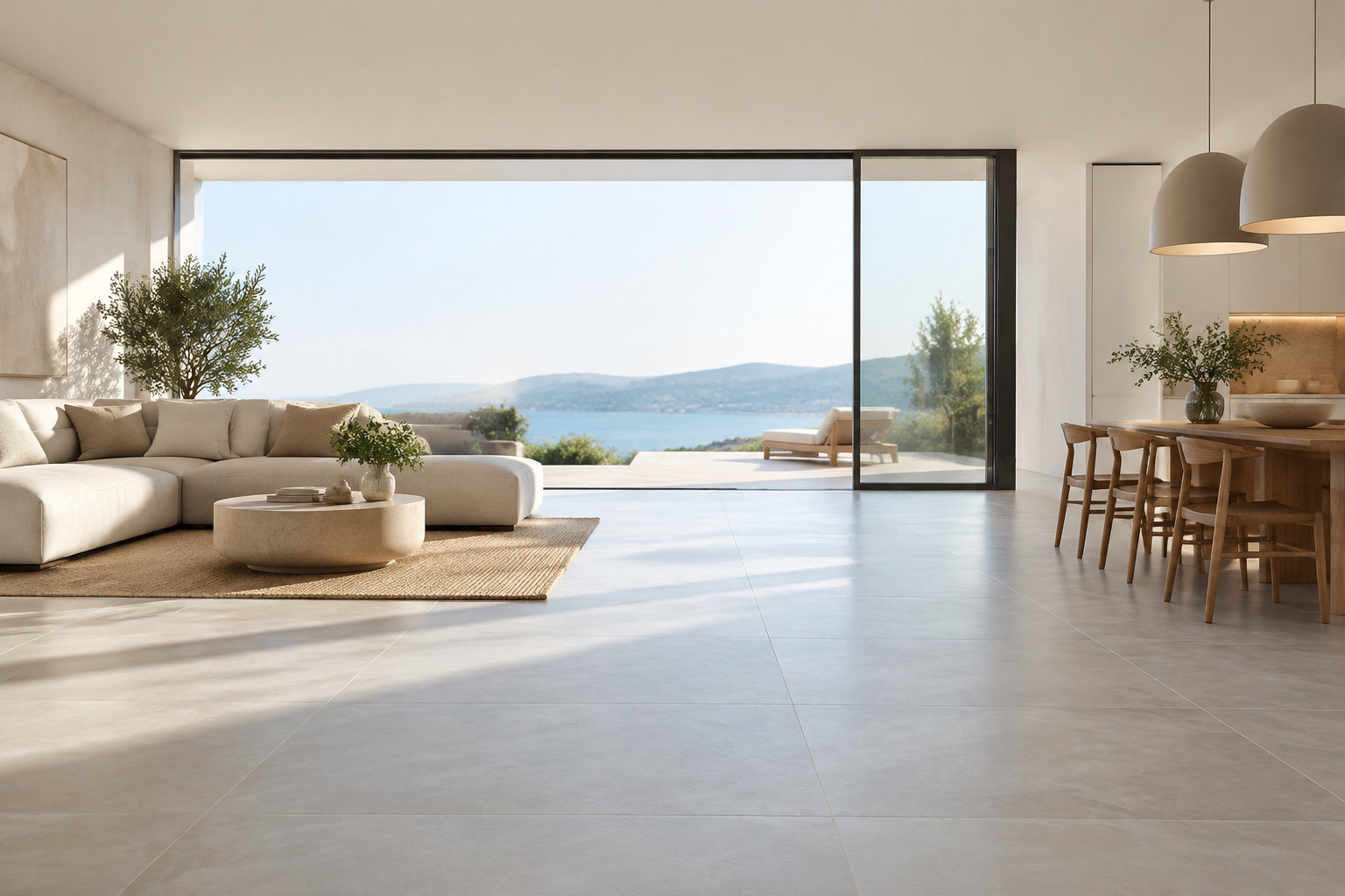 Salon moderne ouvert sur la mer avec un carrelage gris grand format épuré.