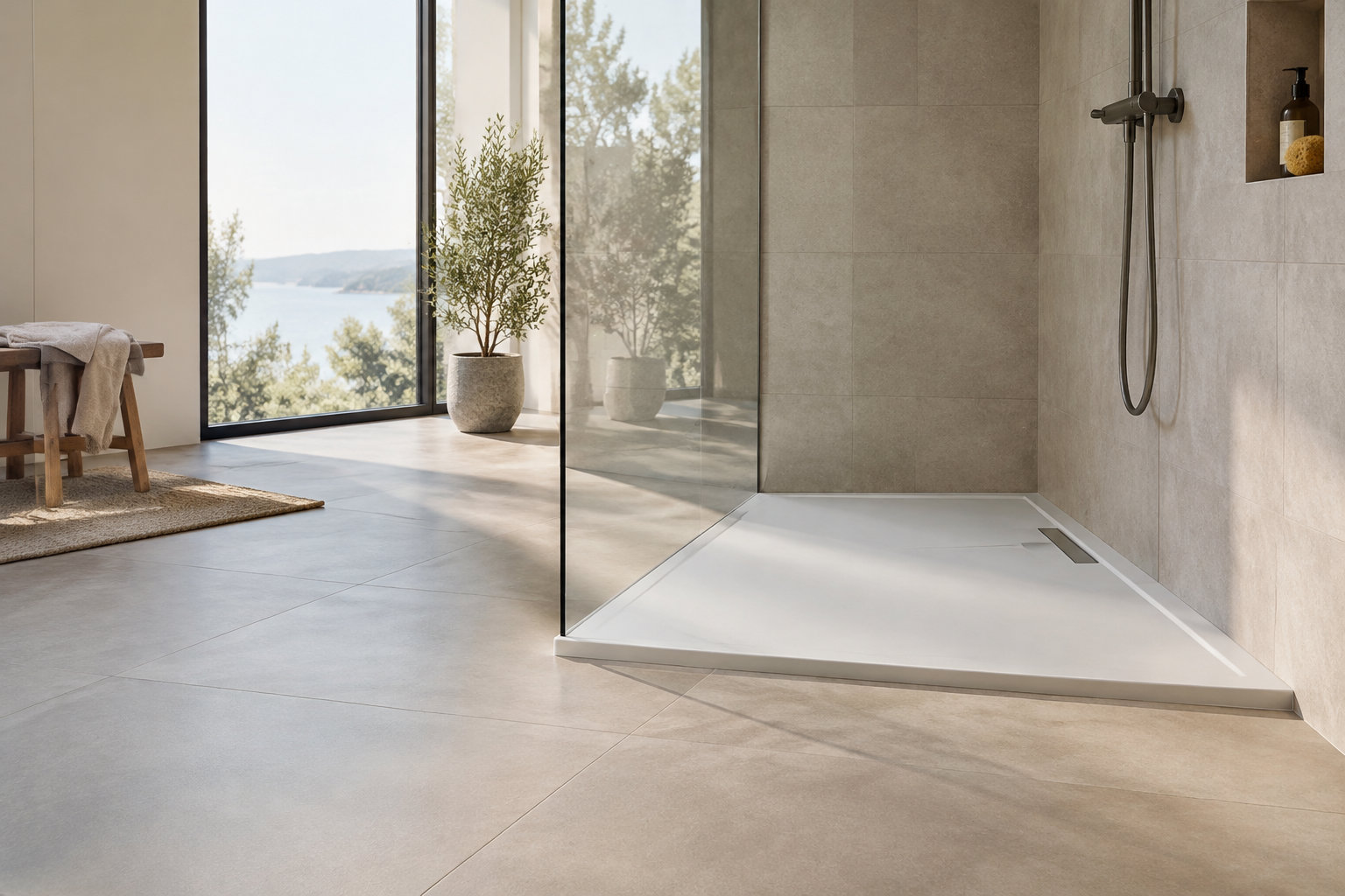 Receveur de douche blanc extra-plat dans une salle de bain moderne avec vue sur la mer et baie vitrée.