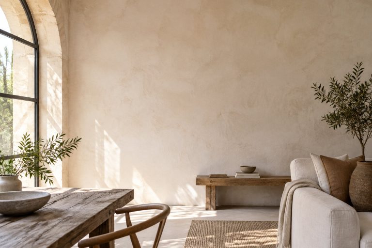 Un salon lumineux avec des murs texturés à la chaux, une table en bois rustique, un canapé beige et une grande fenêtre.