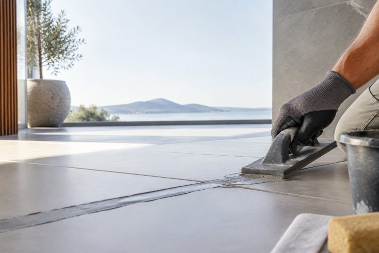 Un artisan applique du joint époxy entre des carreaux de sol sur une terrasse avec vue sur la mer.