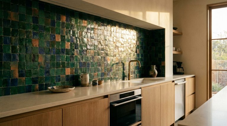 Cuisine moderne avec crédence en carreaux de zellige aux nuances vert profond et bleu sous une lumière naturelle.