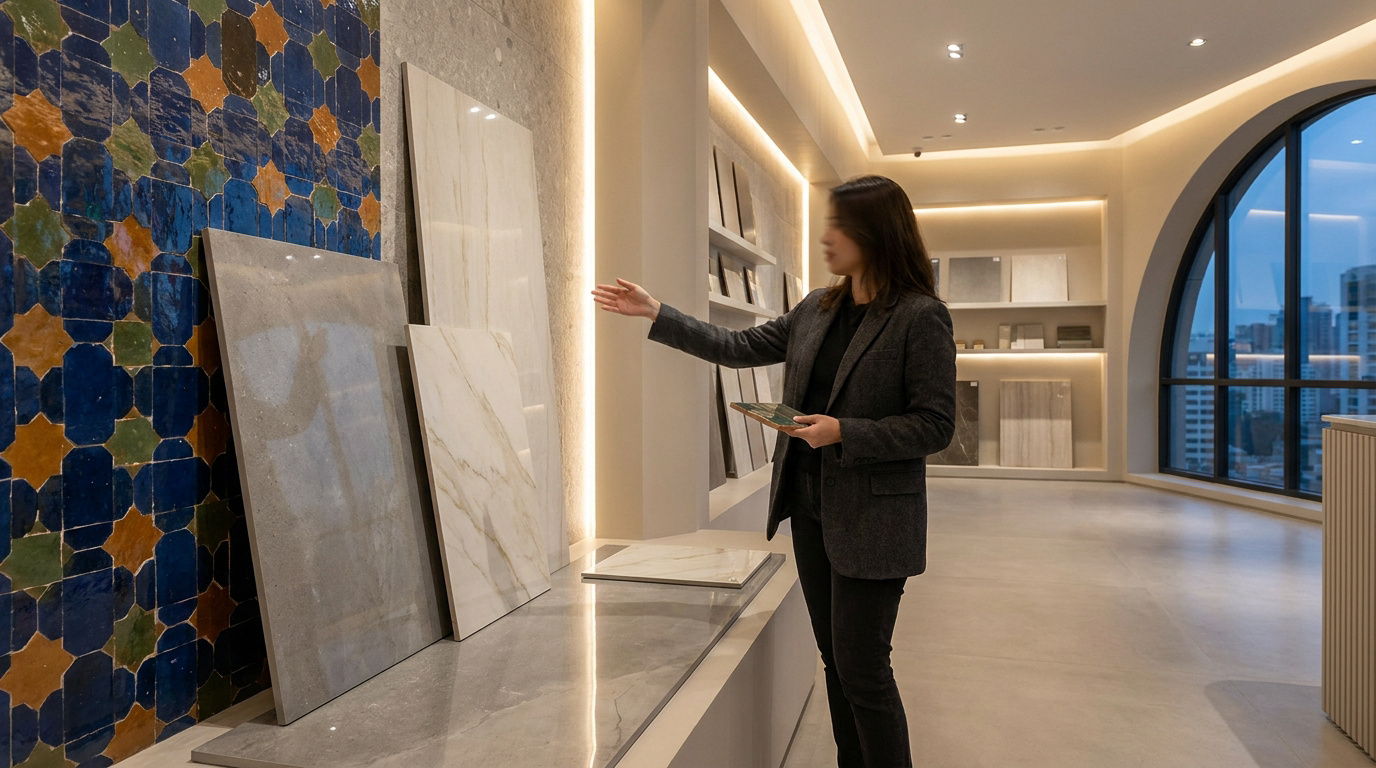 Une architecte d'intérieur présentant des échantillons de carrelage grand format dans un showroom moderne.