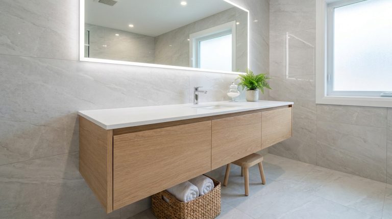 Meuble de salle de bain suspendu en bois clair avec plan vasque blanc, grand miroir éclairé et murs en carrelage gris.