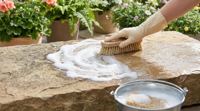 Main gantée utilisant une brosse pour frotter une dalle en pierre naturelle couverte de mousse savonneuse.
