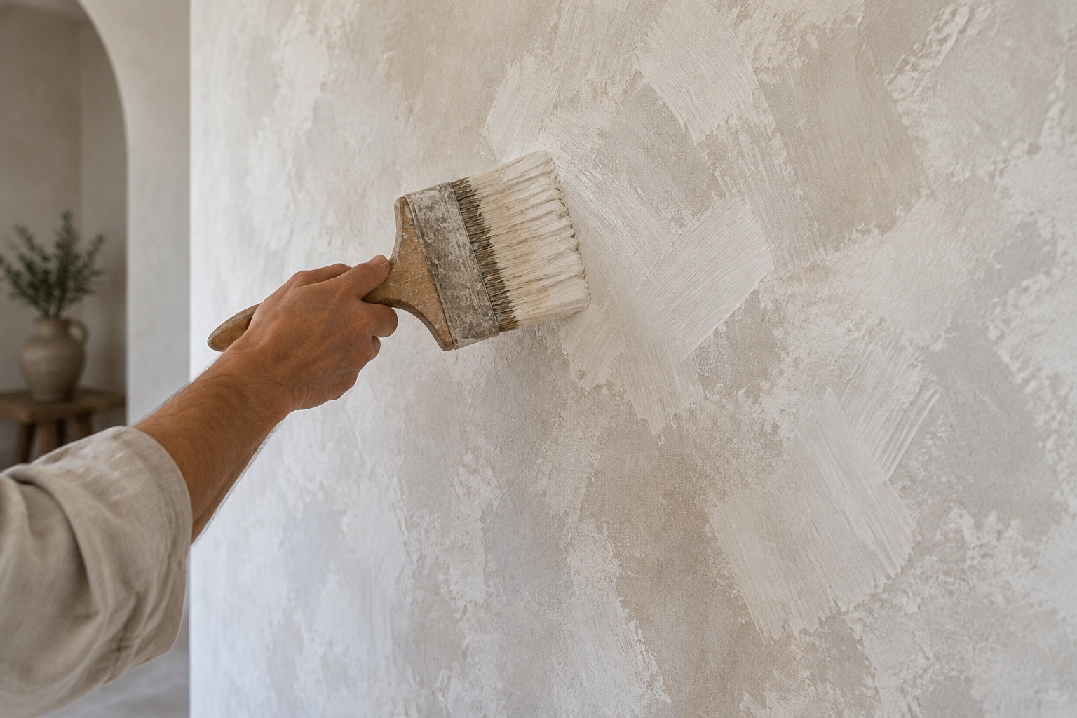 Une main applique un enduit clair sur un mur texturé à l’aide d’une large brosse.