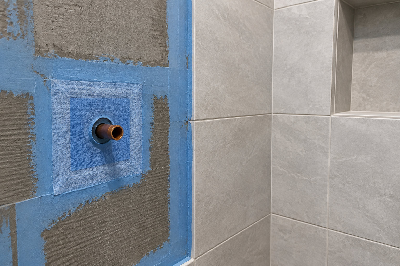 Un tuyau en cuivre dépasse d’un mur recouvert d’une membrane bleue, à côté d’un mur carrelé.