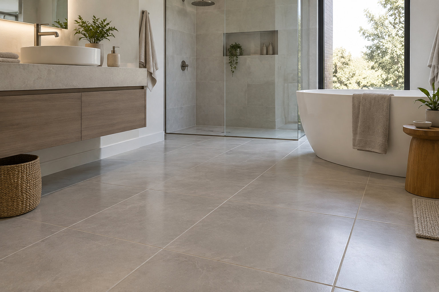 Une salle de bains lumineuse avec un grand carrelage gris au sol, une douche vitrée, une baignoire et un meuble vasque en bois.