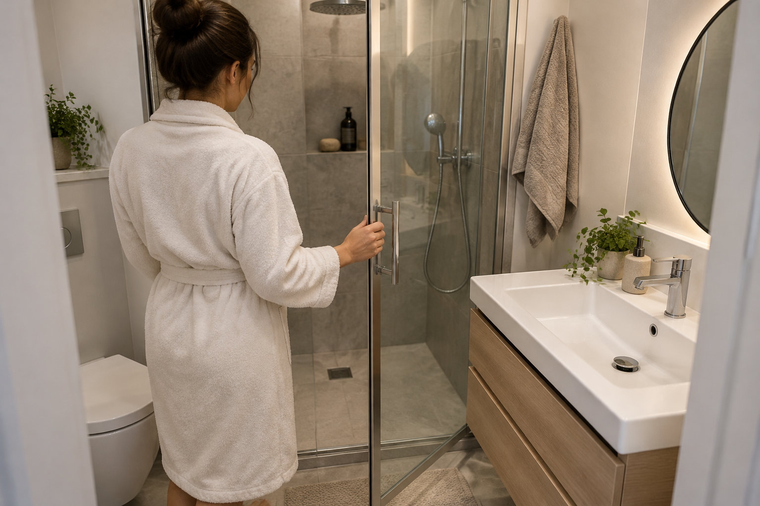 Une femme en peignoir ouvre la porte vitrée d’une douche dans une salle de bains avec lavabo, miroir et serviettes.