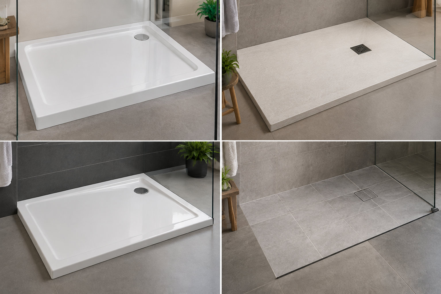 Un montage compare deux receveurs de douche blancs avec deux douches à l’italienne carrelées, derrière des parois vitrées.