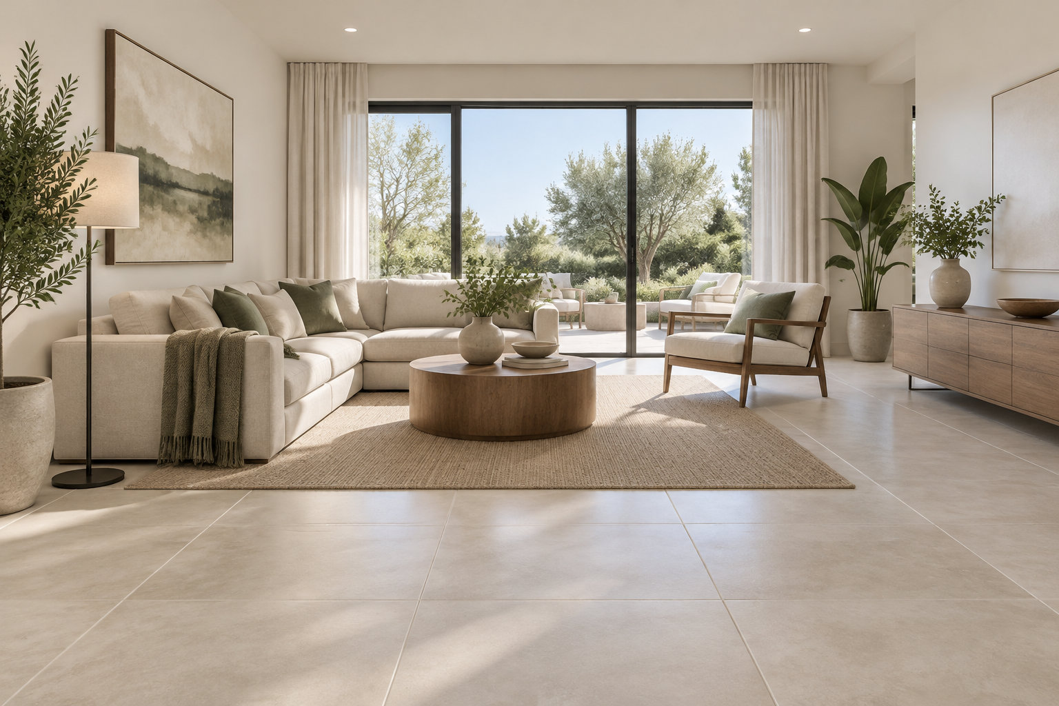 Un salon lumineux aux tons neutres comprend un grand canapé d’angle, une table basse ronde, un fauteuil, des plantes et une baie vitrée donnant sur un jardin.