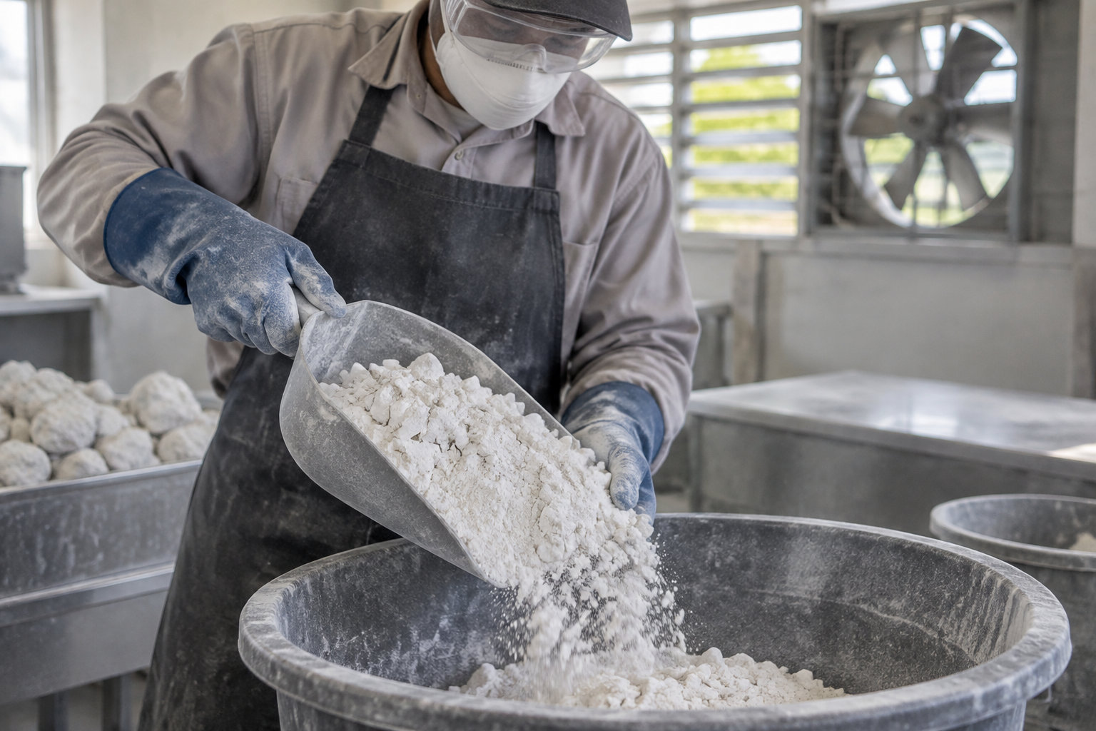 Une personne portant un masque, des lunettes, un tablier et des gants verse des morceaux de matière blanche dans une grande cuve, dans un atelier.