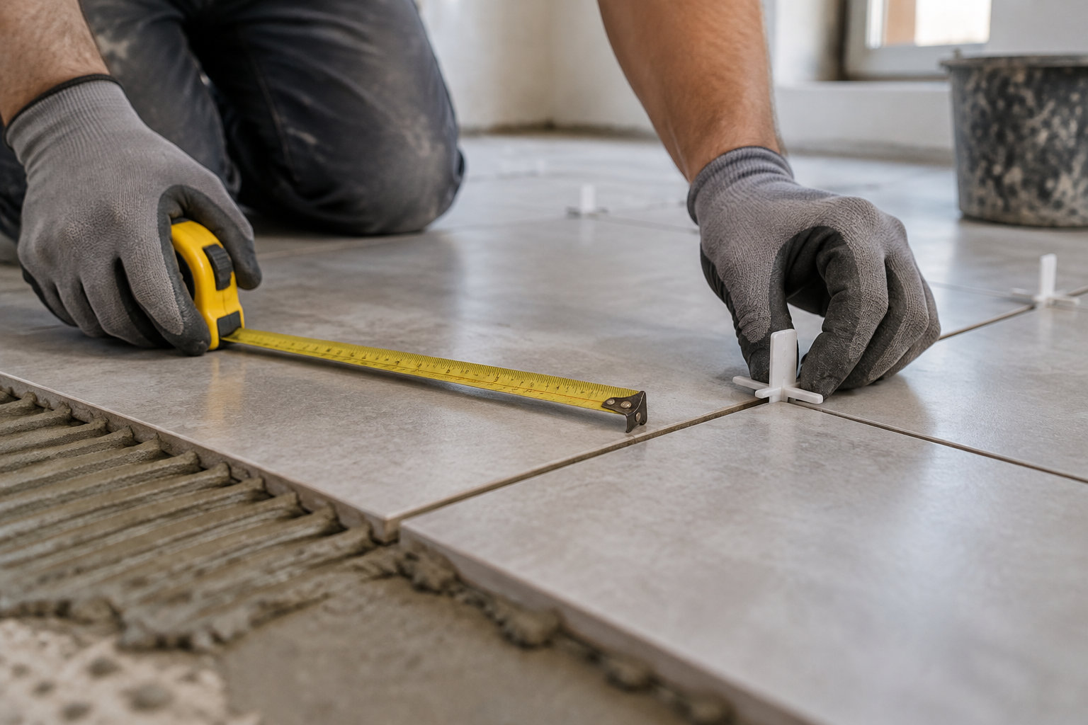 Un ouvrier ganté mesure des carreaux avec un mètre ruban et ajuste une cale d’espacement entre deux carreaux.